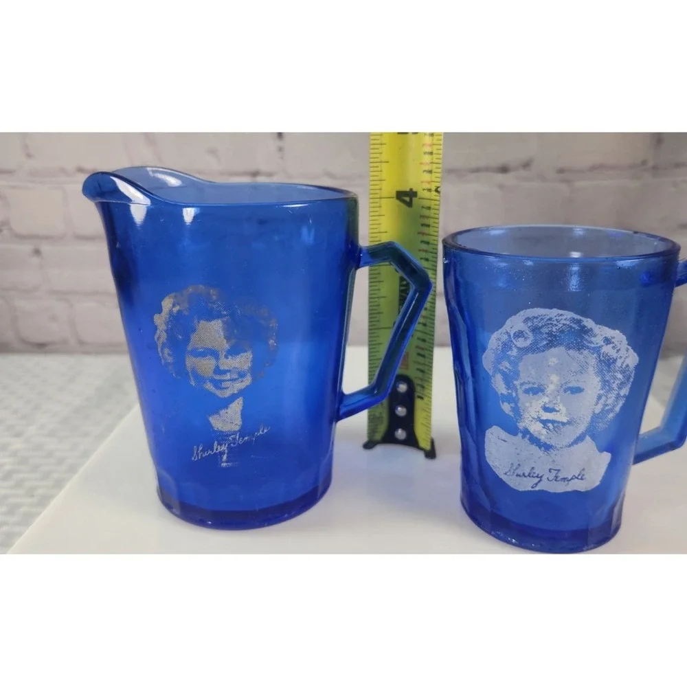2 Cobalt Blue Depression Glass Pitcher Creamer Shirley Temple Image Hazel Atlas